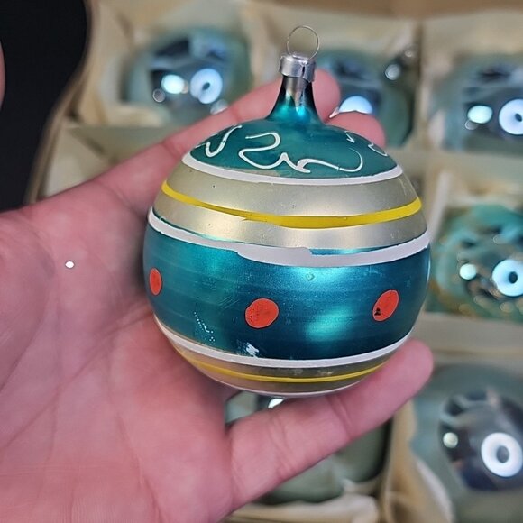 Poland Santa Land 1950s 1960s 12pcs Christmas Ornaments Blue Glass With BOX READ - Picture 9 of 16